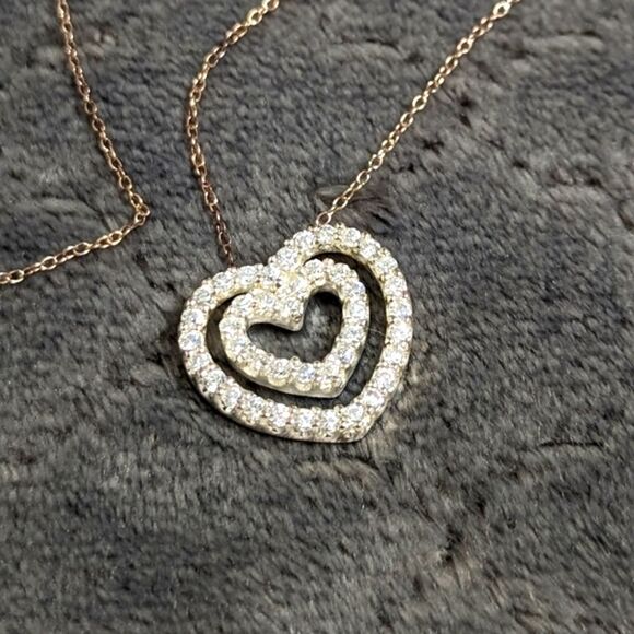 Vintage Sterling Silver & Cubic Zirconia Double Heart Necklace - Picture 1 of 15
